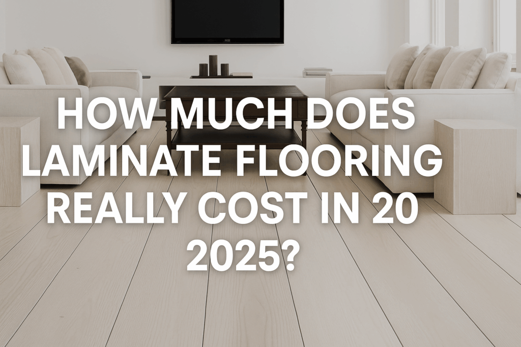 Modern living room with light laminate floors and 2025 pricing question overlay
