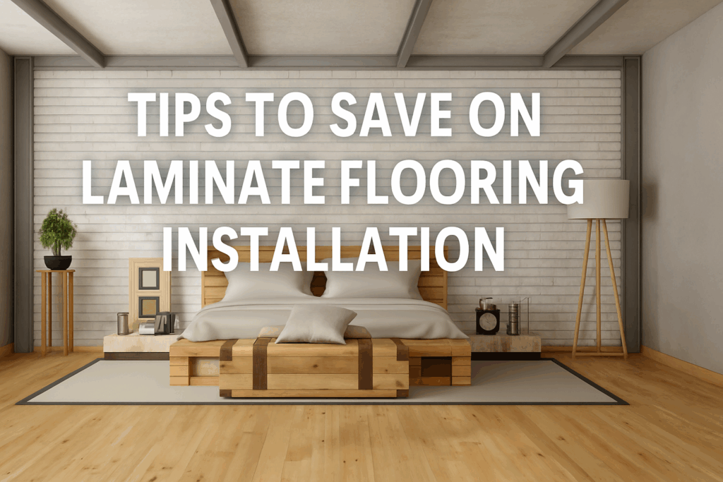 Modern bedroom with laminate flooring and blog overlay text