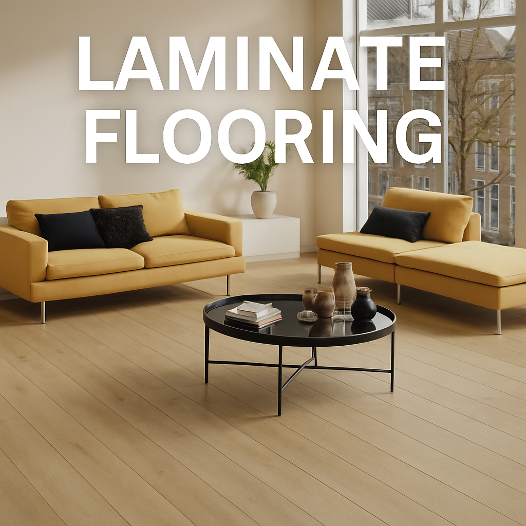 Modern living room with light laminate flooring and bold “Laminate Flooring” title overlay