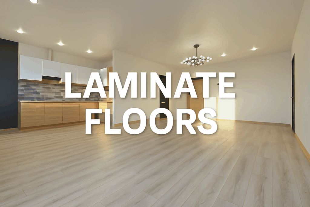 Open-plan kitchen with light wood-look laminate floors