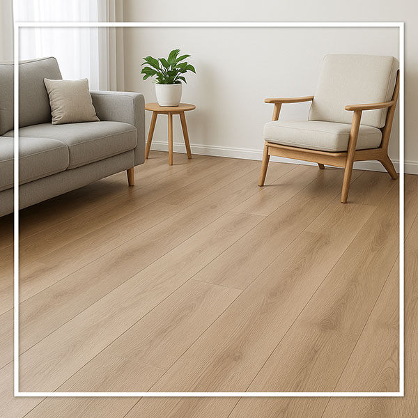 Clean modern living room with natural laminate flooring showcasing affordable laminate flooring price in South Africa.